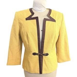 Isabella Suits Yellow Blazer W/Brown Trim 3/4 Slvs Clasp Waist Vtg Sz 10